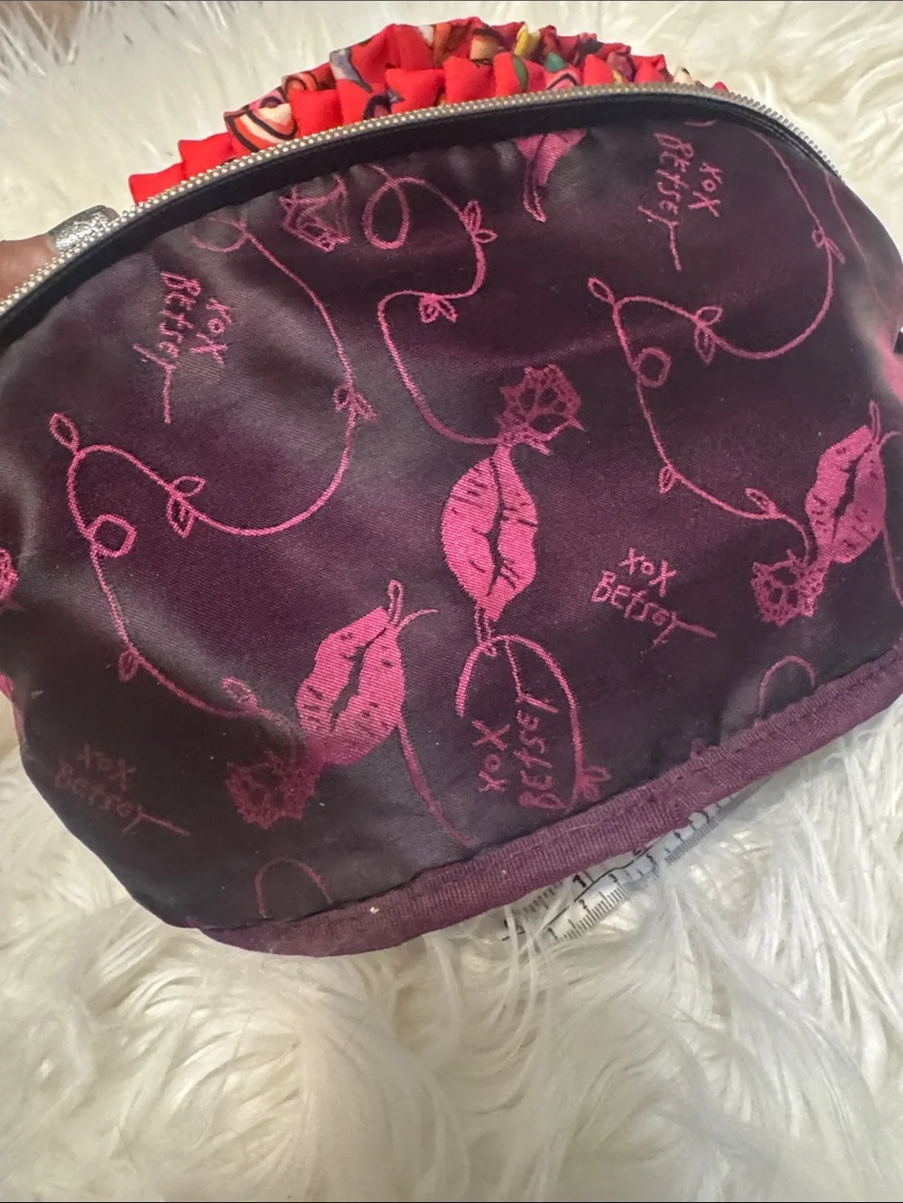 Betsey Johnson Red Ruffled Cosmetic Pouch with Heart Logo